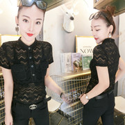 立领蕾丝衫女2023夏季韩版性感透视黑色，设计感百搭打底衫小衫