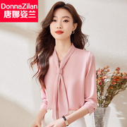 法式粉色衬衫女长袖，2024春季时尚洋气雪纺，上衣职业装飘带衬衣