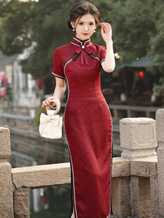 红色长款短袖琉璃缎旗袍2024春夏新中式新娘敬酒服订婚礼服