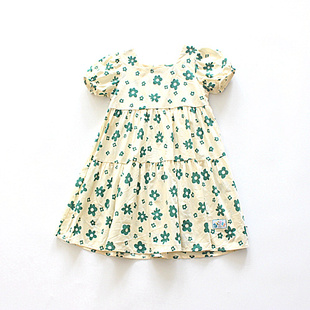 100-120cm女童森林系绿色纯棉，夏季短袖连衣裙宝宝，泫雅风碎花法式