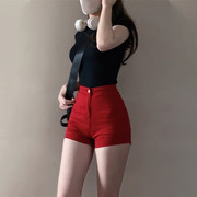 红色美式复古辣妹牛仔短裤女高腰修身显瘦弹力夏季阔腿包臀热裤子