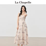 拉夏贝尔lachapelle法式方领连衣裙，女夏季收腰印花气质吊带裙