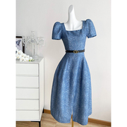 蓝色复古方领短袖连衣裙，女夏季长裙高级感名媛气质轻熟风礼服裙子