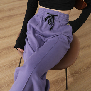 紫色窄版阔腿裤女卫裤松紧高腰秋季开叉直筒运动裤休闲长裤子
