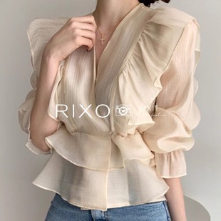 rixoexit法式气质v领荷叶边中长袖衬衫女装，春夏季温柔收腰雪纺衫