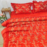 销婚庆四件套红色龙凤喜丝绸缎被套四件套结婚复古中式结婚床上厂