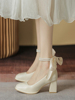 时尚绑带粗跟伴娘中高跟鞋5cm杏色一字带结婚鞋新娘鞋女孕妇婚纱