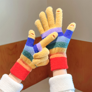 针织五指毛线手套女冬季露指可触屏学生彩色，加厚保暖防寒骑车