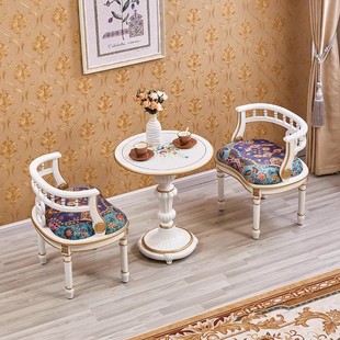 象牙白法式休闲沙发椅子彩绘，圆桌几组合客厅阳台，一桌两椅实木围椅