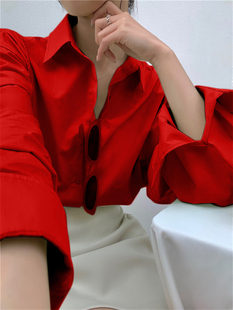 初春B备外穿打底都很美设计感韩版衬衫女 大红色上衣气质衬肤色
