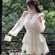 法式白色长袖连衣裙仙女秋季仙气收腰甜美雪纺短裙，荷叶边蛋糕裙子