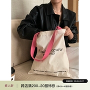 芝士商店~韩国粉色单肩帆布包，女复古帆布袋包包，小众设计手提袋ins