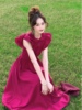 法式复古红色小飞袖连衣裙女夏季收腰显瘦a字裙子气质高级感长裙