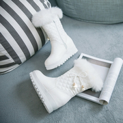 白色冬季女士内增高平底加厚绒兔毛毛棉鞋半短筒雪地靴子防滑