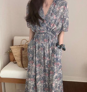 韩国夏季高腰碎花长裙chic法式甜美V领度假雪纺连衣裙女