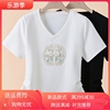 2024新中式白色刺绣短袖，t恤女v领夏季修身显瘦正肩收腰不规则上衣
