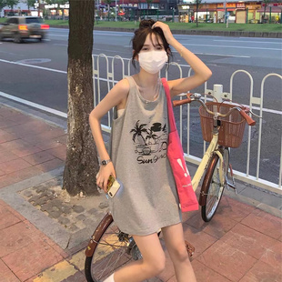 灰色背心裙无袖t恤女ins潮夏季学生，韩版宽松中长款吊带上衣短裙子