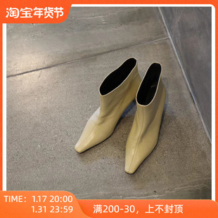 韩版手工定制秋季小众设计方头套筒短靴简约气质真皮中跟女鞋