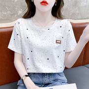 纯棉印花短袖t恤女夏装，2024宽松遮肚子，设计感百搭体恤上衣潮