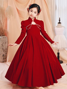 高端新红色钢琴演出服小女孩元旦儿童年公主裙女童礼服冬季主持人