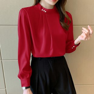 红色雪纺衬衫女2022年时尚圆领，缎面长袖上衣气质打底职业衬衣