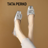 TATA PERKO联名女鞋瓢鞋真皮方头水钻方扣平底鞋性感欧美银色单鞋