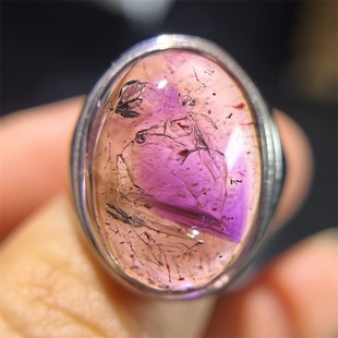 s925银镶嵌全包裹天然紫发水胆水晶黑云母流沙戒指情侣款一物一图