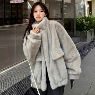 2022韩版宽松羊羔毛皮草(毛皮草，)冬季毛毛外套，女中长衣服加厚立领兔毛大衣