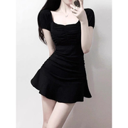 黑色连衣裙女夏季2024年韩版显瘦包臀小个子紧身方领短袖短裙