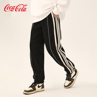 Coca-Cola/可口可乐 不对称条纹 休闲裤男直筒束脚黑色裤子运动裤