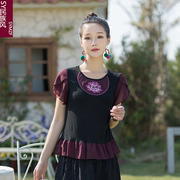 新中式国风复古贴布刺绣短袖，t恤女夏季2024修身显瘦纯棉上衣