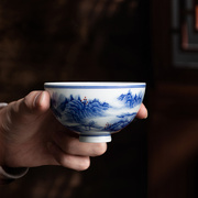 景德镇陶瓷主人单杯工笔手绘山水品茗杯青花瓷茶杯个人杯功夫茶具