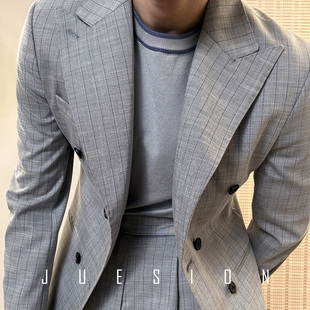 灰色条纹西装男修身复古双排，扣英伦商务正装那不勒斯休闲外套单西