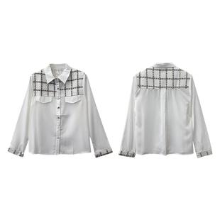 白色拼接设计感长袖衬衫翻领单排扣雪纺上衣时尚休闲洋气A$17