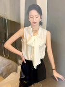 白色无袖飘带衬衫女高端雪纺时尚，洋气法式高级感v领蝴蝶结上衣夏