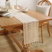 桌旗法式复古白色绣花棉线蕾丝简约镂空装饰餐桌长方形盖布茶几布