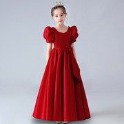 儿童礼服女童红色公主裙钢琴，演奏表演小女孩，主持人礼服裙2023