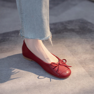 红色单鞋女奶奶鞋圆头平底春夏，芭蕾舞鞋软底蝴蝶结婚鞋小红鞋瓢鞋
