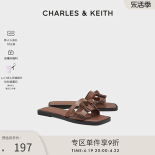 charles&keith春夏女鞋，ck1-70580182女士拼色流苏方头平跟拖鞋