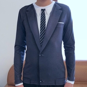 聚会3d男士创意假两件印花t恤恶搞个性，西装领带图案长袖衣服