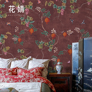 法式复古餐厅卧室壁纸，壁画定制无纺布墙纸中式花鸟墙布电视背景墙
