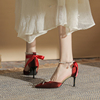高跟鞋女2024年秋季蝴蝶结，一字带中跟婚鞋红色，新娘鞋尖头单鞋