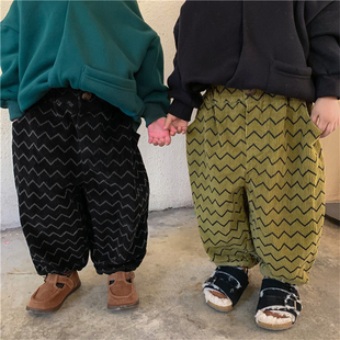韩国童装男女儿童条纹灯芯绒，加绒加厚哈伦裤，宝宝不规则加绒卫衣