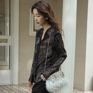 春黑色显瘦设计感长袖衬衫8017优雅气质中式水墨印花雪纺衬衣