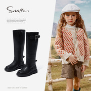 斯纳菲冬季女童长靴牛皮靴子，加绒黑色马丁靴，真皮女孩高筒单靴