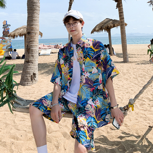 泰国花短袖衬衫套装男夏季薄款海边花衬衣沙滩裤子旅游情侣两件套
