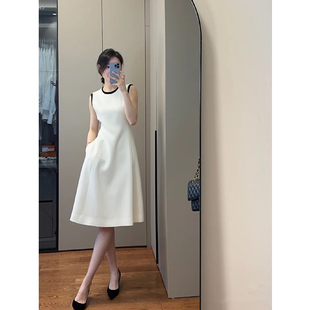 2023夏季高档优雅气质白色长裙收腰女人味通勤A版无袖纯色连衣裙