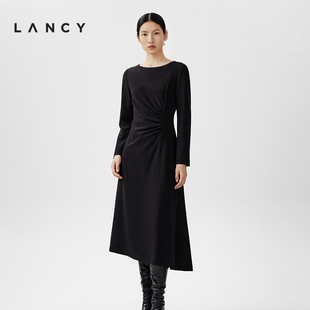 LANCY/朗姿春季捏褶收腰连衣裙女长袖通勤简约打底气质黑裙子