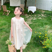 女童白色连衣裙夏季纯棉薄款网纱无袖长款圆领仙女背心裙连衣裙子