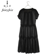 fairyfair黑色，惊艳蕾丝拼接两件套短袖雪纺，连衣裙夏季
